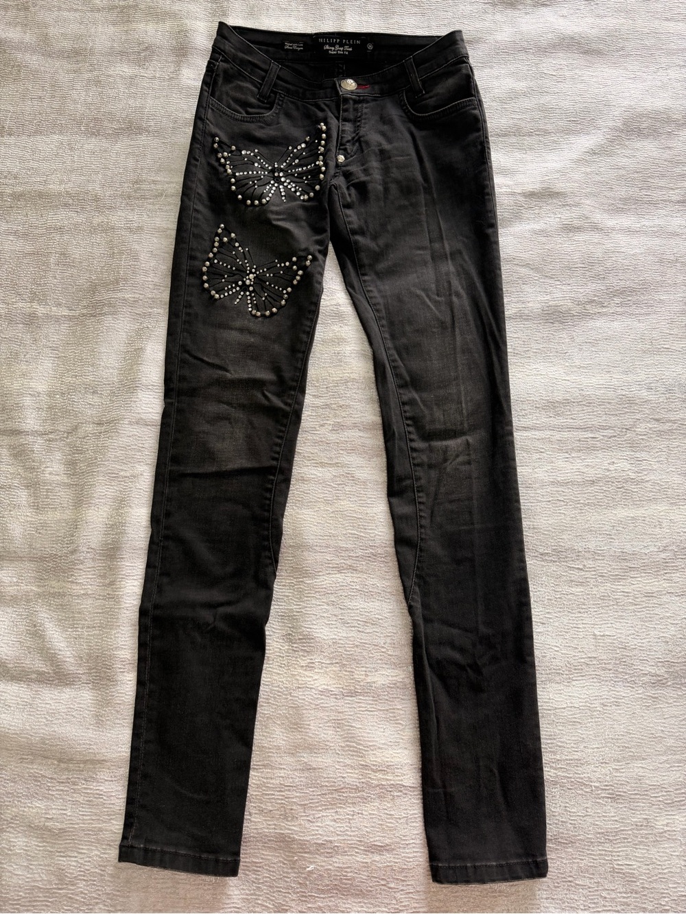 Philipp Plein Black Skinny Jeans with Studded Butterfly Motif Size 26